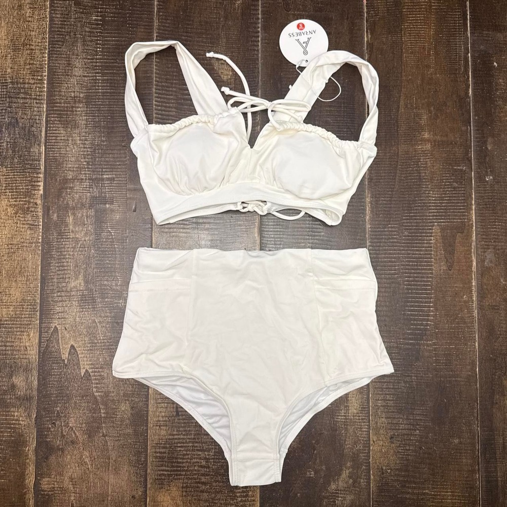 Anrabess Women's White Bikini Set Hot Short Style Bottoms